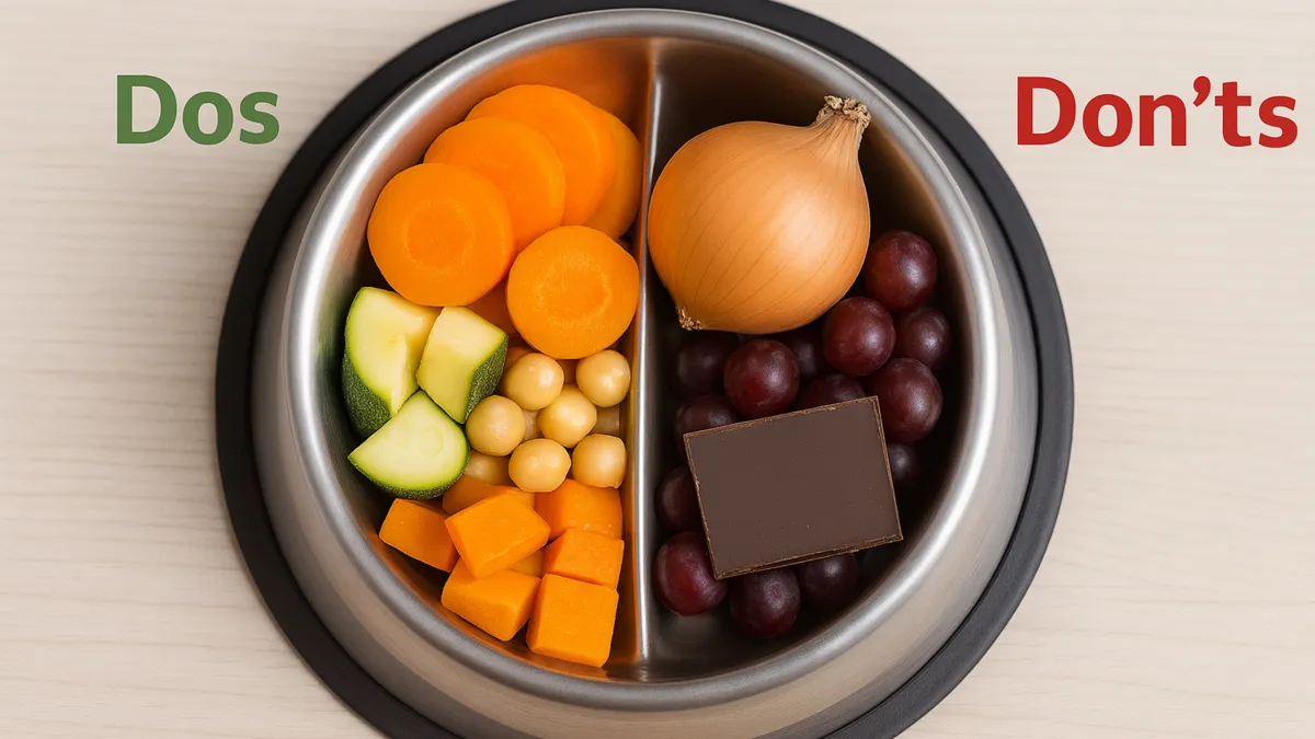 Edelstahl-Hundenapf, links mit frischem Gemüse und Hülsenfrüchten (Do), rechts mit für Hunde ungeeigneten Lebensmitteln wie Schokolade und Zwiebeln (Don’t), auf hellem Holzuntergrund. dos_and_donts_im_hundenapf