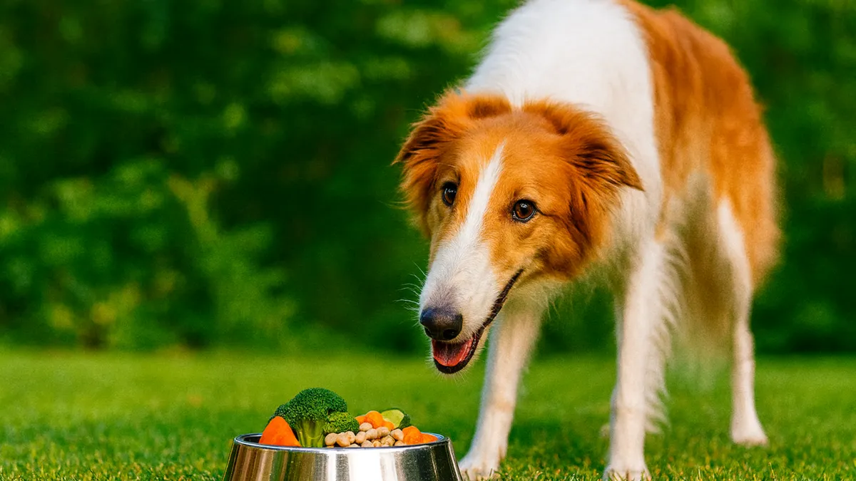 Glücklicher Barsoi-Hund im Garten, vor einem Napf mit frischem, pflanzlichem Hundefutter aus Gemüse und Hülsenfrüchten, sonniger Hintergrund. barsoi_im_garten_mit_veganem_essen